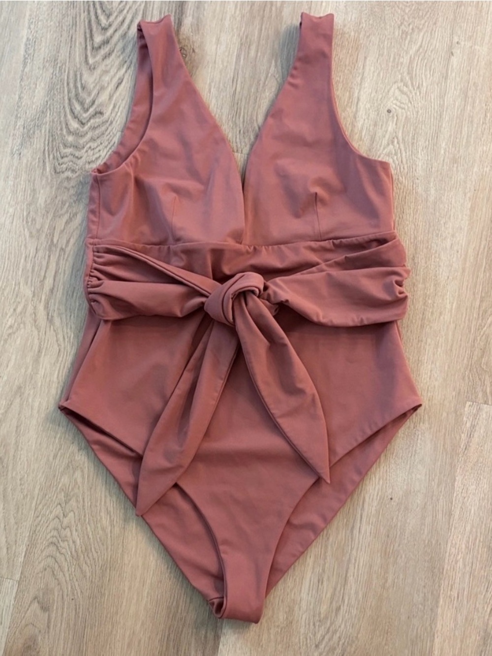 PHIE COLLECTIVE Dusty rose pink plunge front waist tie one piece swimsuit XL